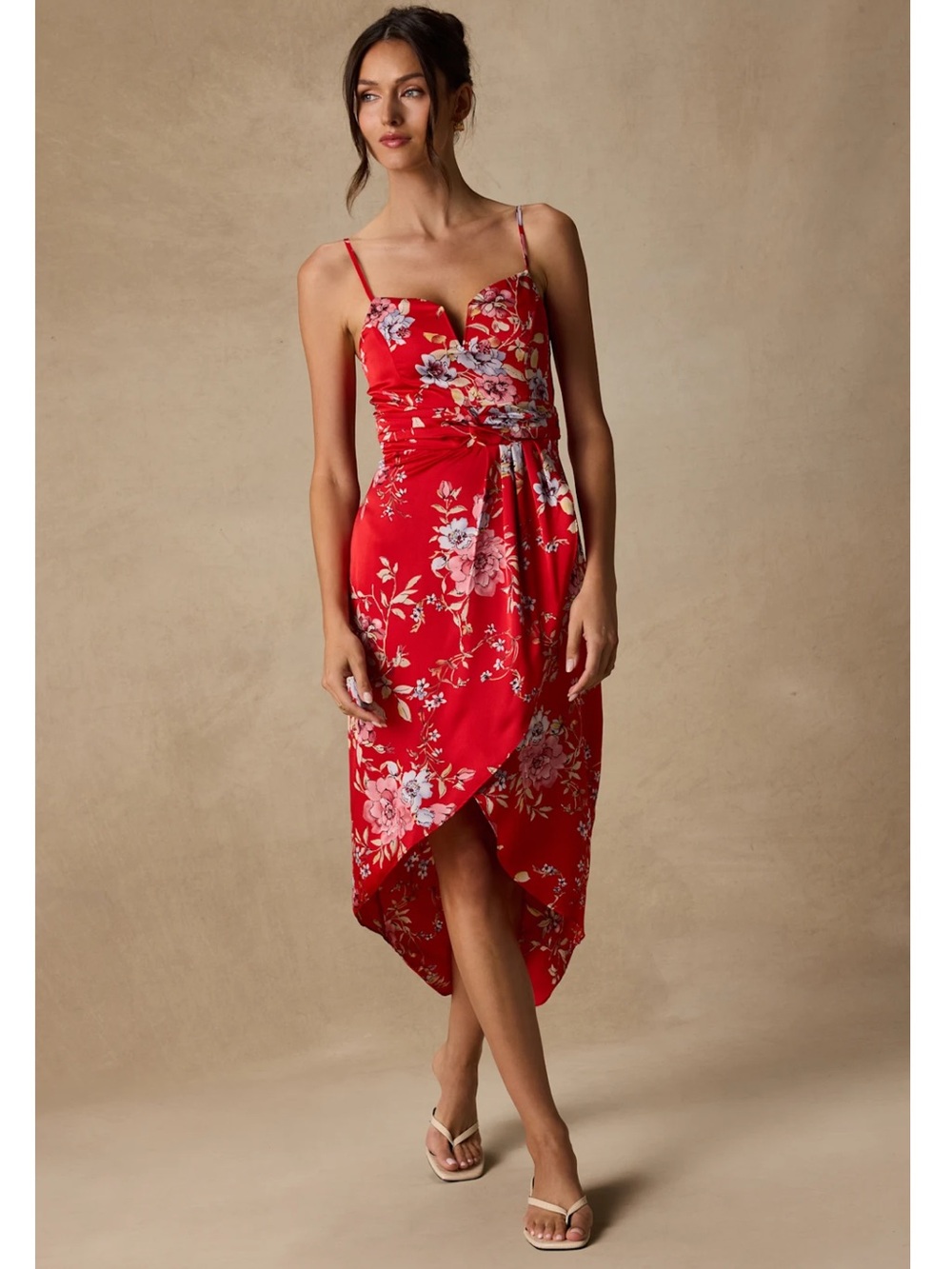Lulus My Favorite Day Red Floral Print Tulip Skirt Lightweight Midi Dress Medium